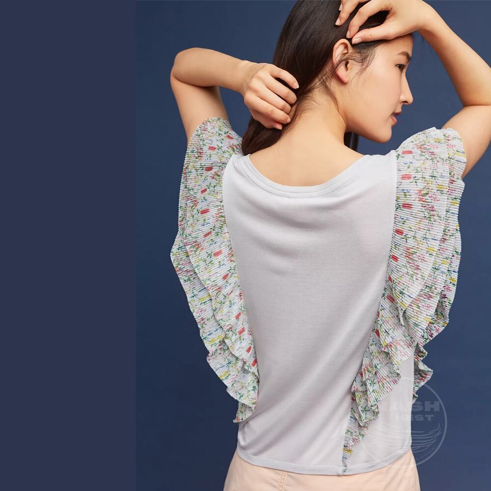New Anthropologie Hybrid Flutter Sleeve V-Neck Top | Floral Pleated Sold Out NWT - Picture 3 of 4
